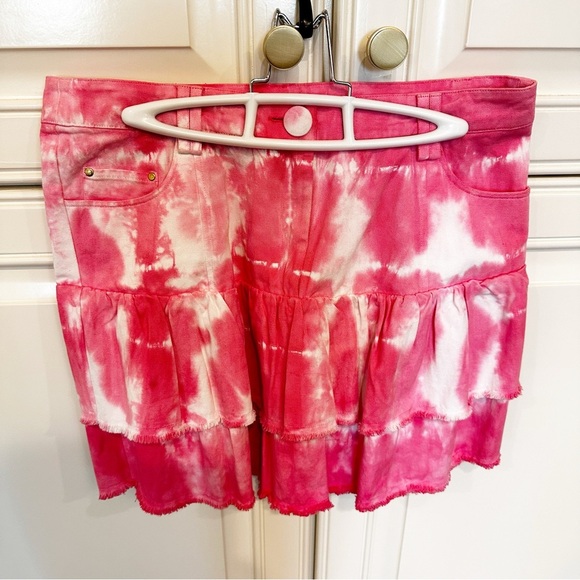 LoveShackFancy Landen Women’s Pink Tie Dye Tiered Ruffle Mini Skirt Cotton Y2K - Picture 3 of 12